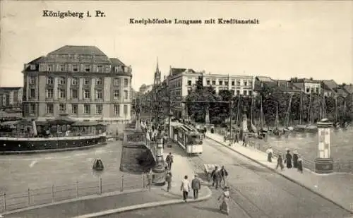 Ak Kaliningrad Königsberg Ostpreußen, Kneiphöfsche Langgasse, Kreditanstalt, Straßenbahn