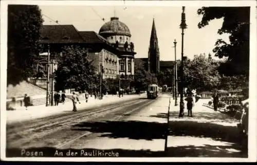 Foto Ak Poznań Posen, Paulikirche, Straßenbahn