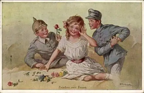 Künstler Ak Fialkowska, W., Zwischen zwei Feuern, Mädchen, zwei Jungen in Uniform, I. WK