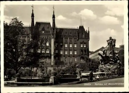 Ak Szczecin Stettin Pommern, Rathaus, Manzelbrunnen