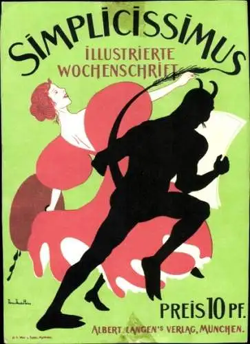 Jugendstil Ak Simplicissimus, Illustrierte Wochenschrift, Teufel mit Dame