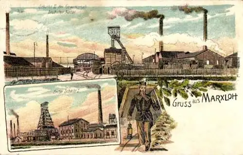 Litho Marxloh Duisburg im Ruhrgebiet, Zeche Schacht I und II, Gewerkschaft Deutscher Kaiser