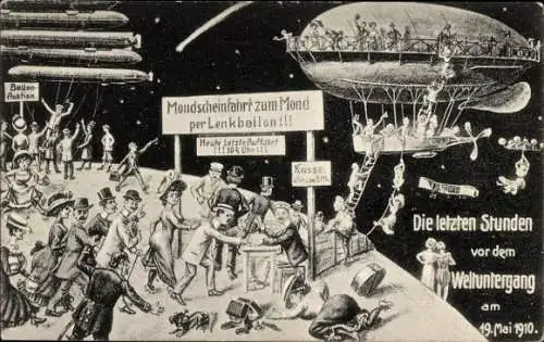 Ak Erinnerungskarte an Untergang der Welt 19 Mai 1910, Halleyscher Komet, Zeppelin