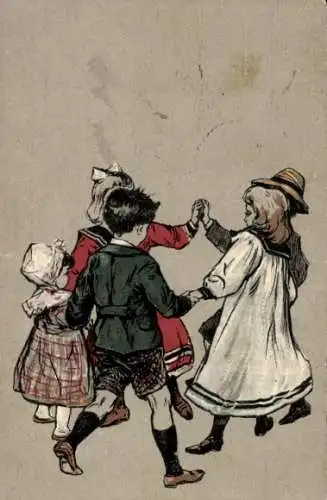 Präge Litho Kinder beim Tanzen, Reigen, Ringelreihen