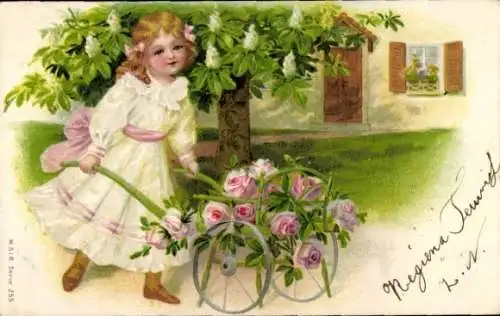 Litho Mädchen mit Rosen auf einer Schubkarre