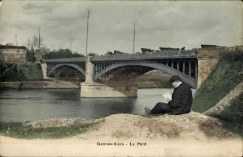 Ak Gennevilliers Hauts de Seine, Brücke, Mann mit Buch