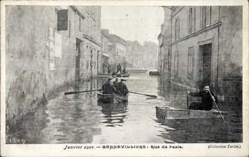 Ak Gennevilliers Hauts de Seine, Rue de Paris, Ruderboote, Hochwasser Januar 1910