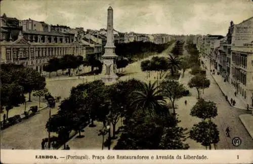 Ak Lisboa Lissabon Portugal, Prada dos Restauradores e Avenida da Liberdade