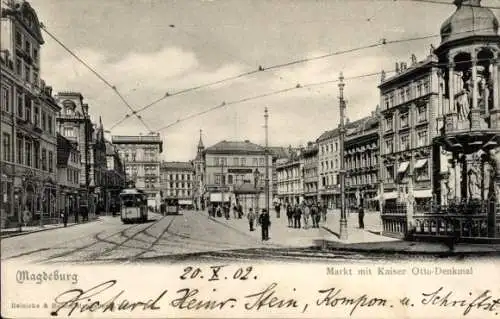 Ak Magdeburg an der Elbe, Markt, Kaiser Otto-Denkmal, Straßenbahn