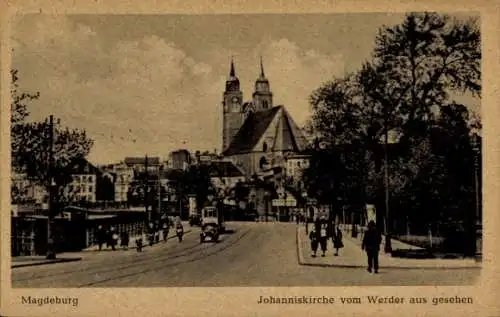 Ak Magdeburg an der Elbe, Johanniskirche vom Werder aus gesehen