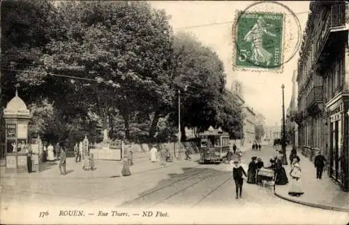 Ak Rouen Seine-Maritime, Rue Thiers, Straßenbahn