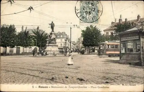 Ak Rouen Seine-Maritime, Pouyer-Quertier-Denkmal, Place Cauchoise, Straßenbahn