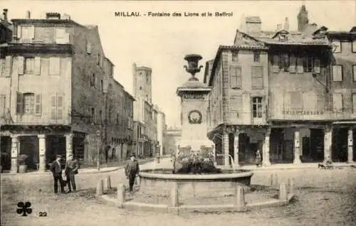 Ak Millau-Aveyron, Fontaine des Lions und der Belfried