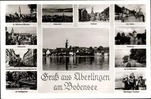 Ak Überlingen am Bodensee, Überlinger Tracht, Hafen, Seeburg, Stadtgarten, Hofstatt, St. Nikolaus