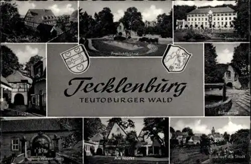 Wappen Ak Tecklenburg in Nordrhein Westfalen, Sanatorium, Markt, Wasserburg, Freilichtbühne