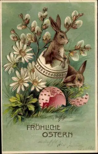 Präge Ak Glückwunsch Ostern, Osterhasen, Weidenkätzchen, Ostereier