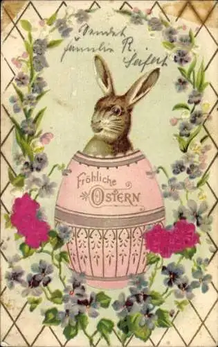 Stoff Präge Litho Glückwunsch Ostern, Osterhase, Osterei, Blumen