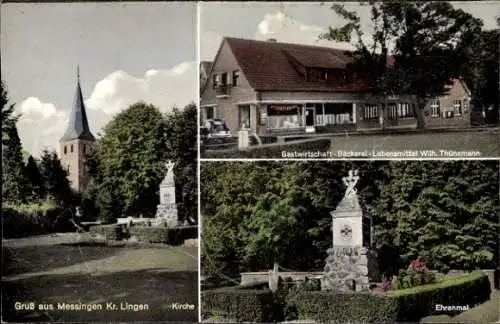 Ak Messingen im Emsland, Kirche, Ehrenmal, Gastwirtschaft, Bäckerei