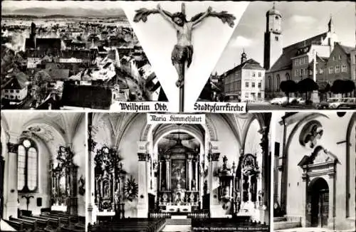 Ak Weilheim Oberbayern, Gesamtansicht, Stadtpfarrkirche, Innenansicht, Kruzifix