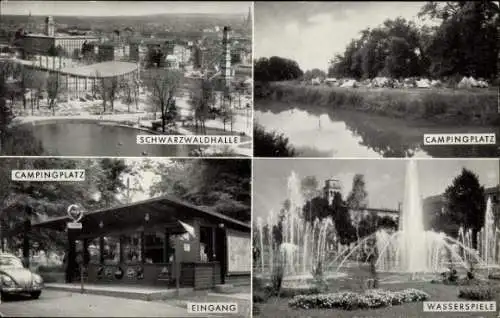 Ak Karlsruhe in Baden, Schwarzwaldhalle, Campingplatz, Wasserspiele