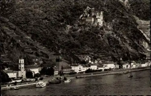 Ak St. Goarshausen am Rhein, Rheinufer, Burg