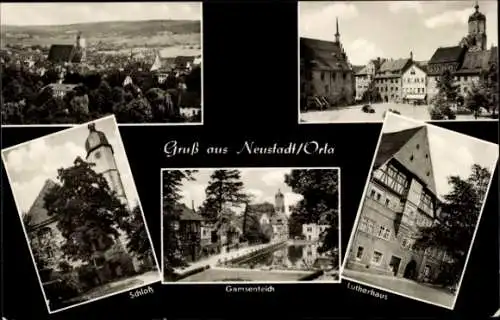 Ak Neustadt an der Orla, Schloss, Gamsenteich, Lutherhaus, Gesamtansicht