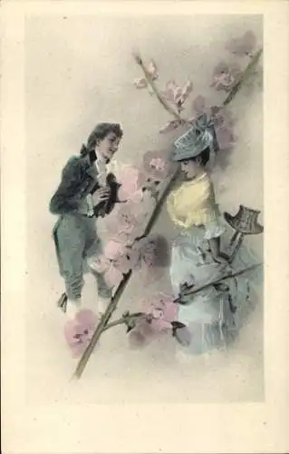 Ak Liebespaar, Blühender Baum, Korb