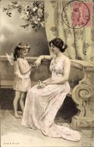 Ak Frau, Engel, Blumen, Sitzbank, Kitsch