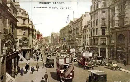 Ak London England, Regent Street in Richtung Westen, Busse