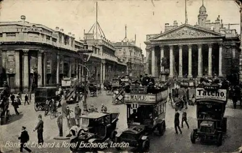 Ak London City England, Bank of England und Royal Exchange, Automobil