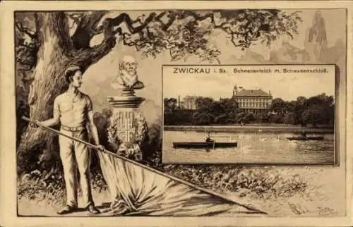 Passepartout Ak Zwickau, Schwanenteich, Schwanenschloss, 14. Gauturnfest Kohlenfeldgau Pölbitz 1912