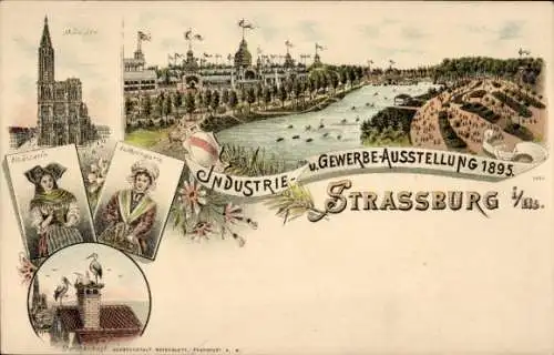 Litho Strasbourg Straßburg Elsass Bas Rhin, Industrie und Gewerbeausstellung 1895, Münster, Trachten