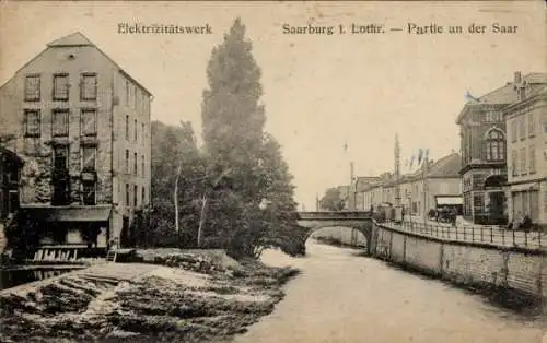 Ak Sarrebourg Saarburg Lothringen Moselle, Elektrizitätswerk, Saarpartie