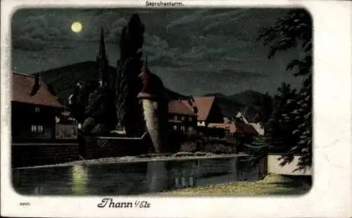 Litho Thann Elsass Haut Rhin, Storchenturm bei Nacht