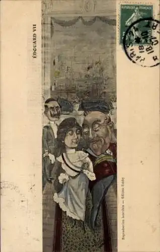 Künstler Ak Edward VII mit Marianne im Arm, Kaiser Wilhelm II., Karikatur