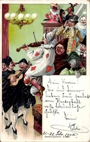 Litho Karneval, Festgesellschaft in Kostümen, Musikinstrumente