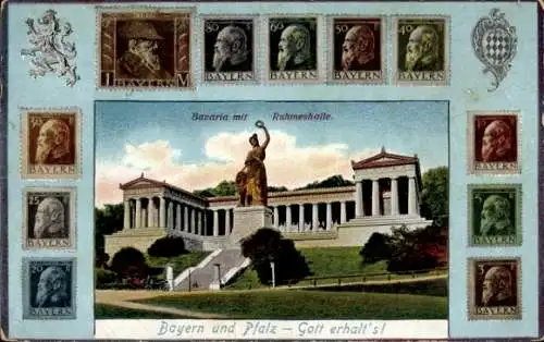 Briefmarken Ak München, Bavaria mit Rumeshalle, Briefmarken, Bayern und Pfalz - Gott erhalt´s