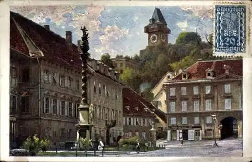 Künstler Ak Graz Steiermark, Karmeliterplatz, Denkmal, Kirche