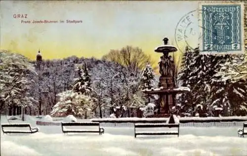 Ak Graz Steiermark, Franz Josefs-Brunnen im Stadtpark, Winter