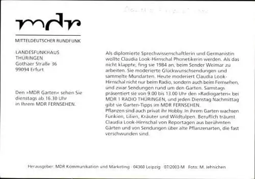 Ak Moderatorin Claudia Look-Hirnschal, Portrait, MDR Garten, Autogramm