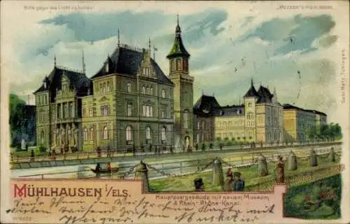 Litho Mulhausen Mühlhausen Elsass Bas Rhin, Hauptpost, neues Museum, Rhein-Rhone Kanal