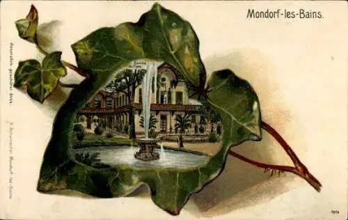 Präge Efeublatt Litho Mondorf les Bains Bad Mondorf Luxemburg, Entree du Parc, Fontäne