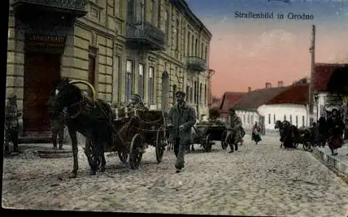 Ak Hrodna Grodno Weißrussland, Straßenbild, Fuhrwerke