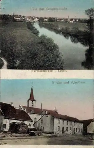 Ak Berthelming Berthelmingen Lothringen Moselle, Kirche, Schulhaus, Gesamtansicht