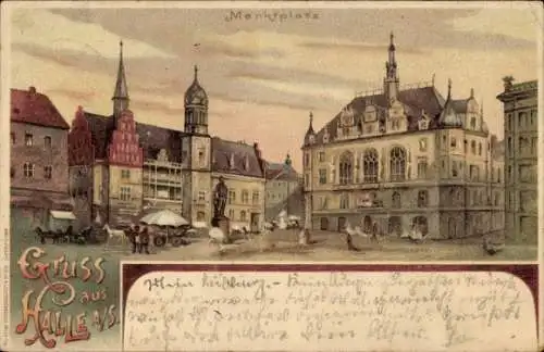 Litho Halle an der Saale, Marktplatz, Rathaus