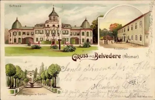 Litho Weimar in Thüringen, Schloss Belvedere, Restaurant, Orangerie Garten