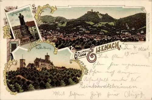 Litho Lutherstadt Eisenach in Thüringen, Wartburg, Lutherdenkmal, Panorama