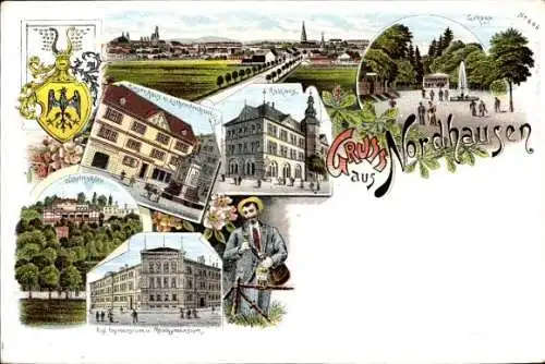 Litho Nordhausen am Harz, Rathaus, Gymnasium, Gehege