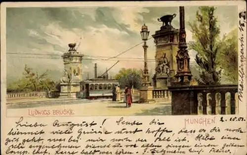 Litho München Bayern, Ludwigs-Brücke, Straßenbahn