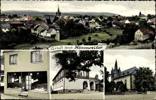 Ak Hennweiler im Hunsrück, Geschäft, Kirche, Totalansicht